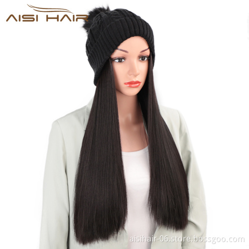 Aisi Hair Synthetic Black Long Straight Silky Cap Hair Knit Slouchy Hat Fiber Hair Extension With Cap For Black White Women